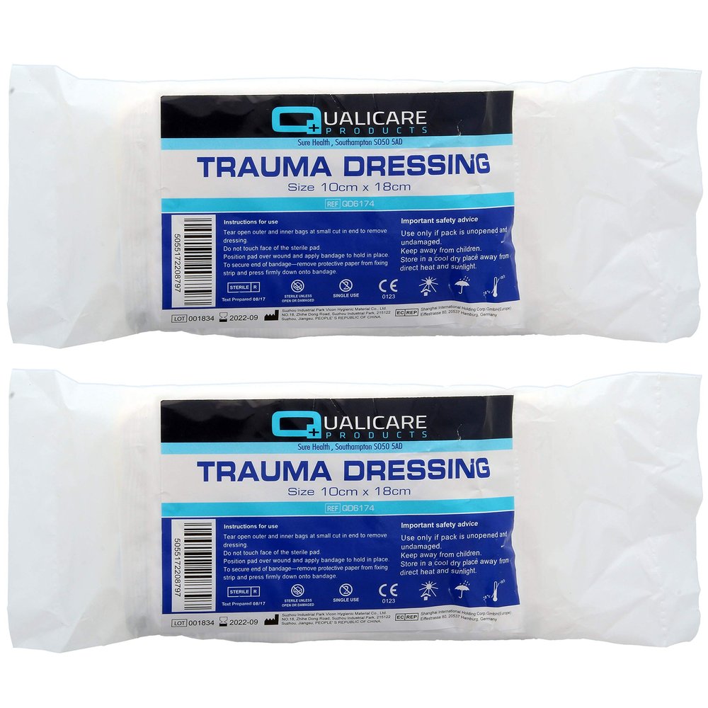 2X Sterile Emergency Trauma Dressings 10cm x 18cm Haemmorragic Control Non Adherent Stretch FFD Field Heavy Bleeding Bandage (2022-09 Expiry)