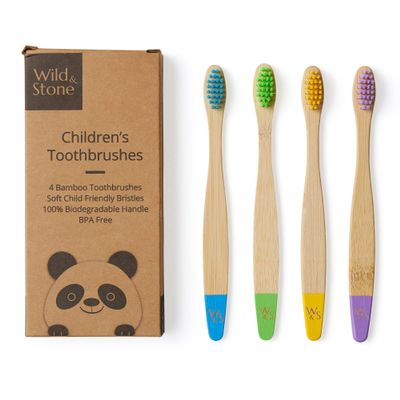 Wild & Stone | Organic Children's Bamboo Toothbrush | 4 Pack | Soft Fibre Bristles | 100% Biodegradable Handle | BPA Free | Vegan Eco Friendly Kids Toothbrushes (Multicolour)
