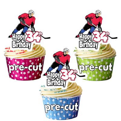 AK Giftshop PRECUT Ice Hockey - 34th Birthday - Edible Cupcake Toppers/Cake Decorations (Pack of 12)