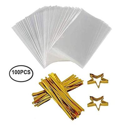 Gshy 100 Pieces Clear Transparent Bag 10 x 15 cm with 100 Twisted Ties for Breads, Biscuits, Cakes, Sweets, Chocolates, Fruits, etc Packaging
