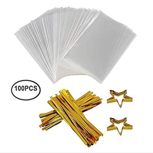 Gshy 100 Pieces Clear Transparent Bag 10 x 15 cm with 100 Twisted Ties for Breads, Biscuits, Cakes, Sweets, Chocolates, Fruits, etc Packaging