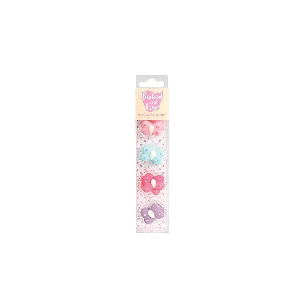 Baked with Love - Handmade Edible Sugar Cupcake Decorations, 12 Pieces - Butterfly Sugar Pipings, Multicolour