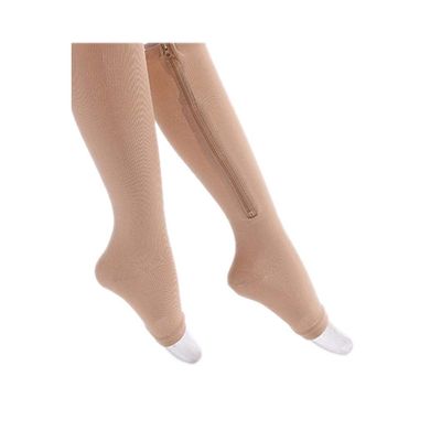 Open Toe Knee Length Zipper Compression Socks Leg Support Medical Edema Varicose Veins Swollen Sore Knee Stockings for Men Women Beige