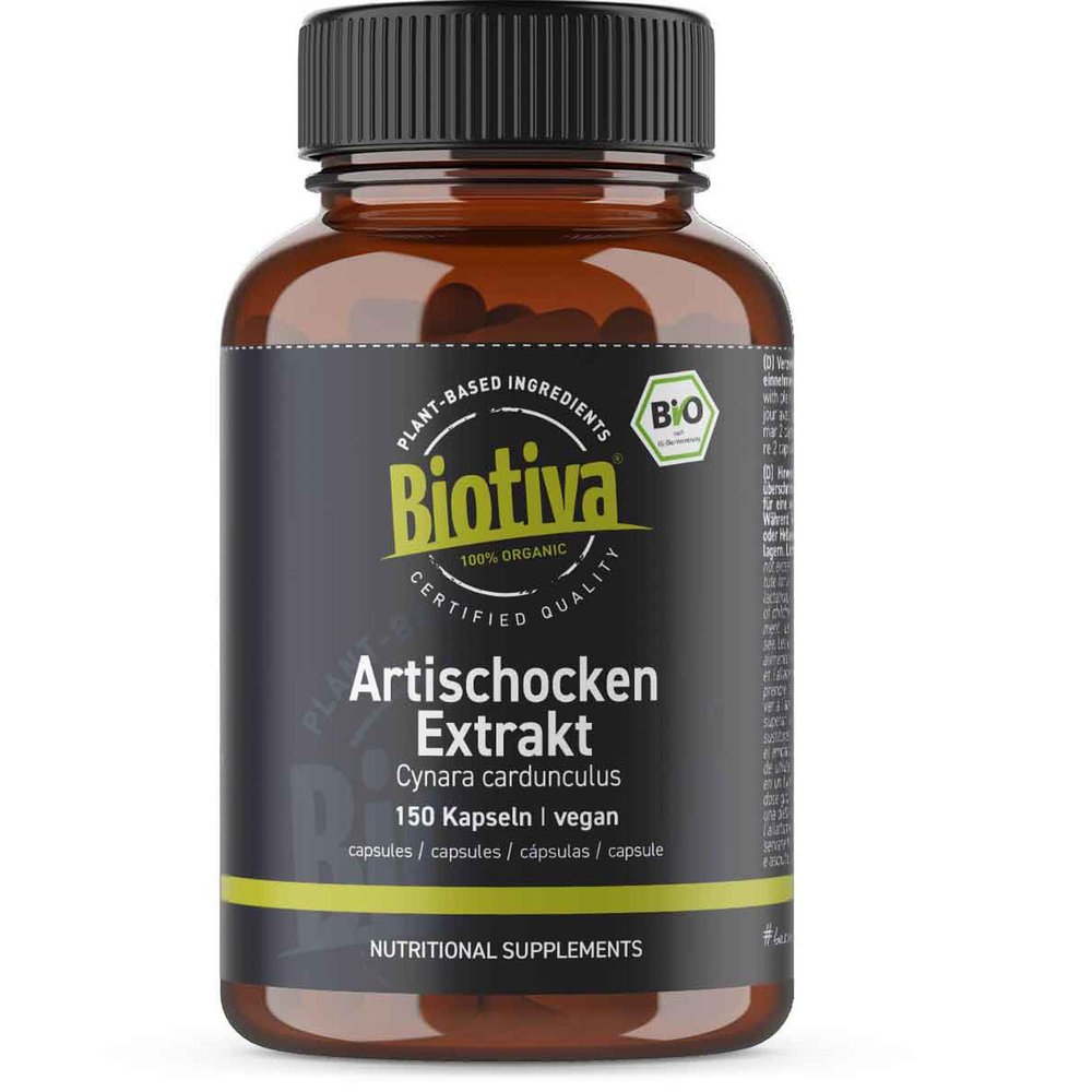 Biotiva Artichokes Extract Organic - 150 Capsules - Organic Extract - from Fresh Artichoke Leaves - high dose with 10-20:1 Ratio - Minimum 2,5% Cynari - Packed in Germany - Vegan