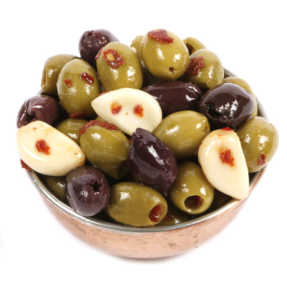 Dorri - Marinated Mixed Olives Chilli and Garlic 500g | Premium Green and Black Olives, Greek Olives, Pickled Garlic, Healthy Party Snack (Available from 250g to 3kg)