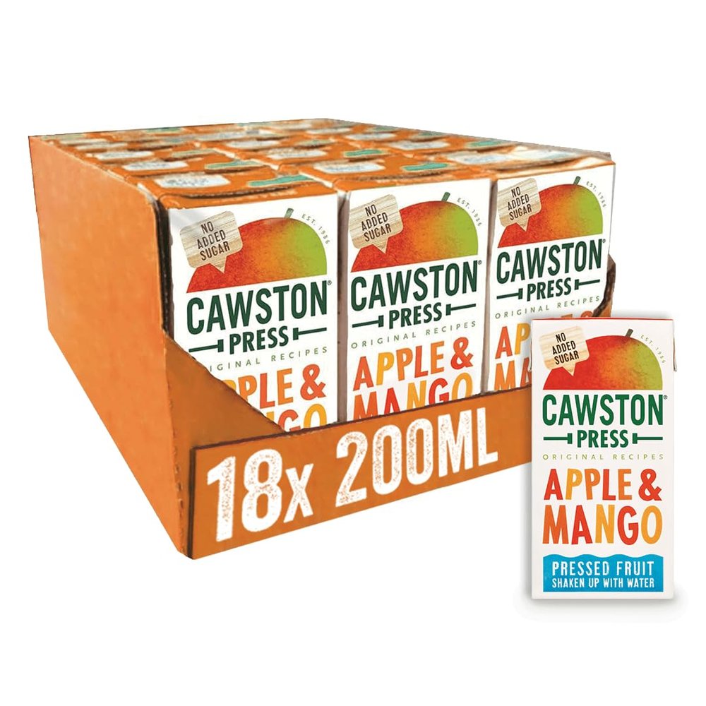Cawston Press Fruit Water Kids Drink | Pressed Apple & Mango Flavoured Water | 200ml x 18 Pack Mango & Apple Juice Cartons | School Approved  No Added Sugar  Vegan | Ideal for Kids Lunchbox