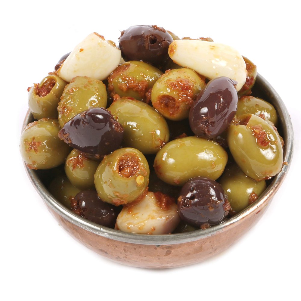 Dorri - Marinated Mixed Olives Chilli Harissa 500g | Premium Green and Black Olives, Greek Olives, Pickled Garlic, Healthy Party Snack (Available from 250g to 3kg)