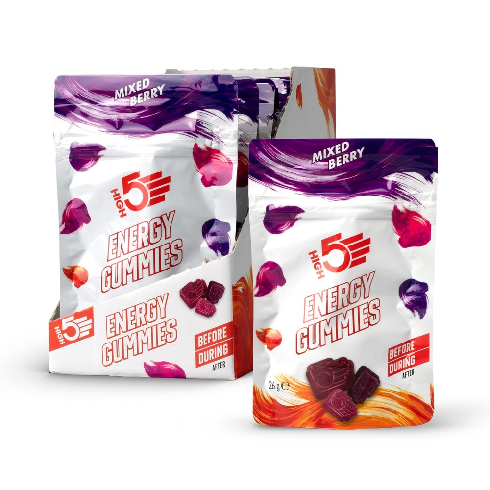 HIGH5 Energy Gummies - Quick Release Carbohydrate Supplements for Running, Cycling, Hiking - 10x26g Portable Resealable Pouches - Natural Vegan Energy Chews with Electrolytes & Vitamin B6, Mixed Berry