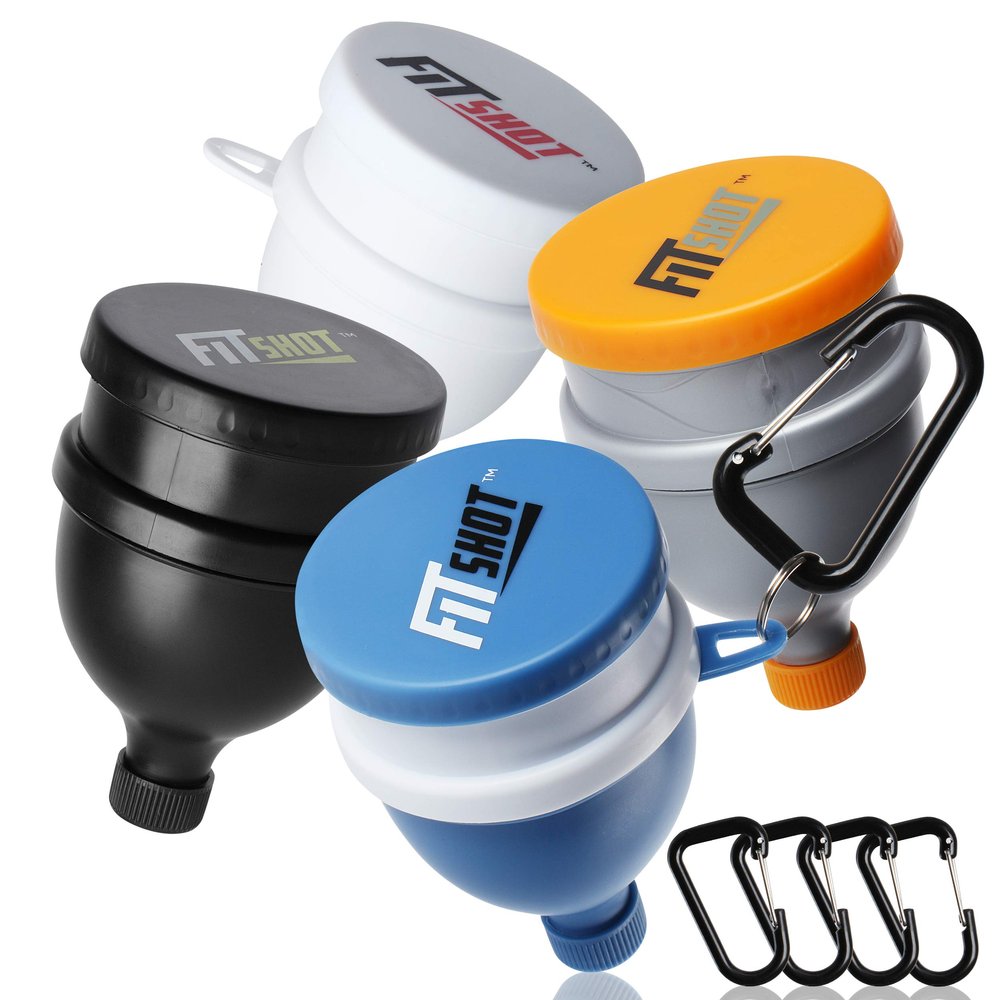FitShot Protein Powder Funnel Supplement Funnel with Keychain 4pack, Water Bottle Funnels, BPA Free, 2 in 1,Portable 120ml with Pillbox,Pre Workout Protein Powder Container to go