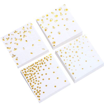 100 Gold Foil Cocktail Napkins | 4 Assorted Designs Folded 5 x 5 Inches Disposable Party Napkins | Bulk 3-Ply White Paper Napkins are Perfect for Dinner, Wedding, Baby Shower, Bridal Shower, Birthday