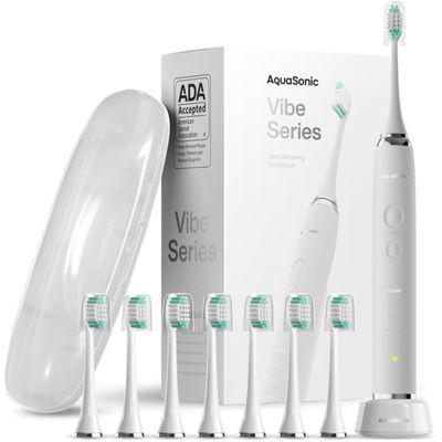 Aquasonic Vibe Series Ultra Whitening Toothbrush ADA Accepted Electric Toothbrush - 8 Brush Heads & Travel Case - Ultra Sonic Motor & Wireless Charging - 4 Modes w Smart Timer Satin Optic White