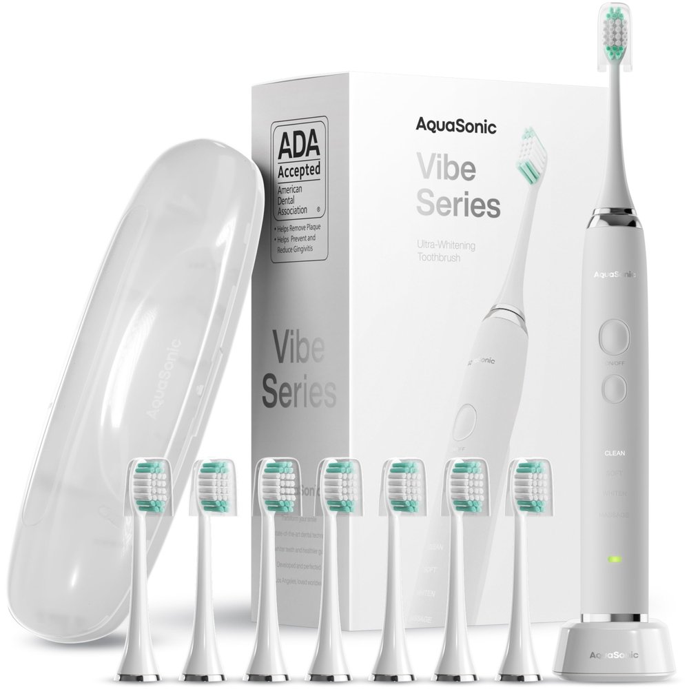 Aquasonic Vibe Series Ultra Whitening Toothbrush ADA Accepted Electric Toothbrush - 8 Brush Heads & Travel Case - Ultra Sonic Motor & Wireless Charging - 4 Modes w Smart Timer Satin Optic White