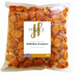 Hides Fine Foods - Chilli Rice Crackers 500g - Suitable for Vegetarians - GMO Free - Snacking - Hot Fried Chilli Cracker - Bar Snack - Perfect for Parties