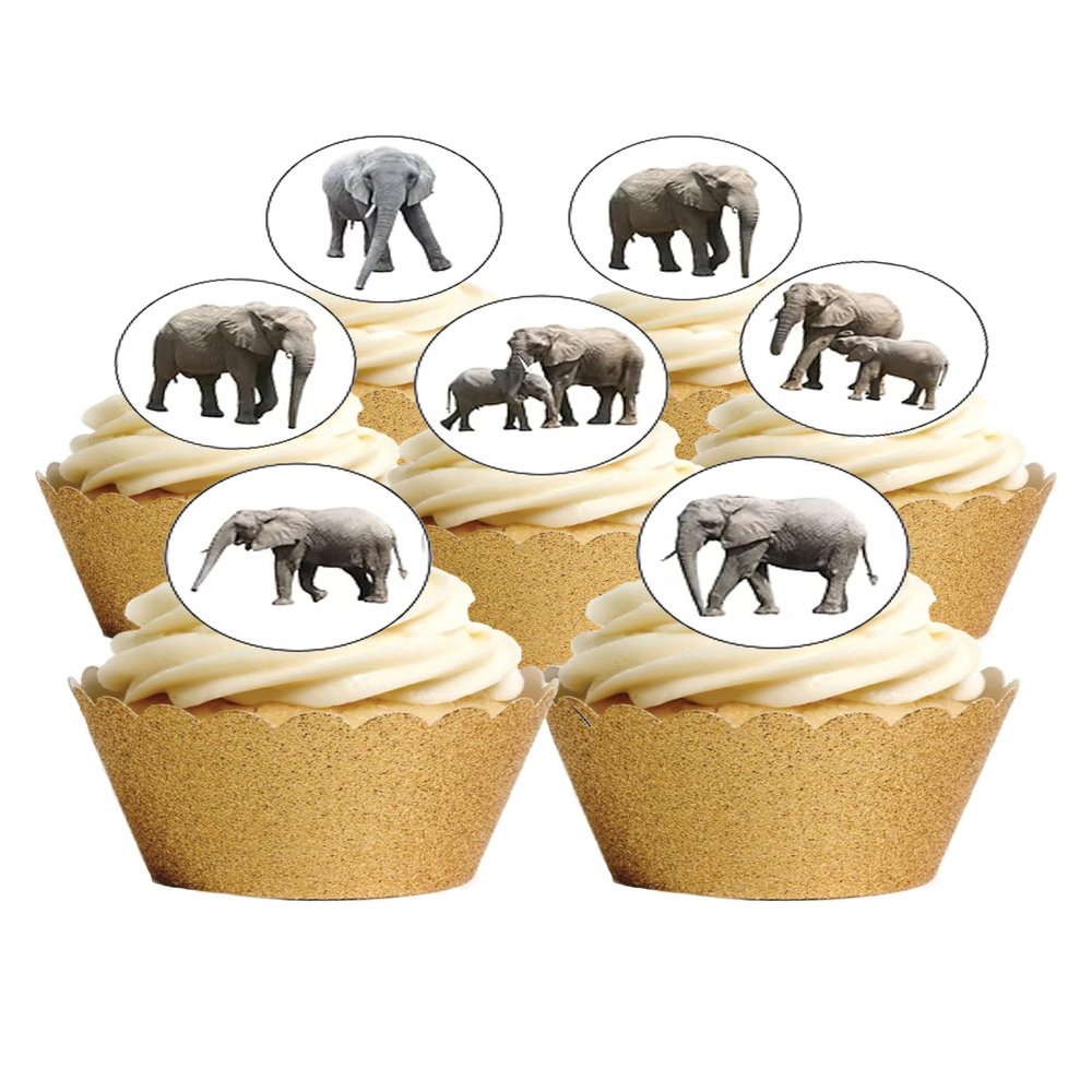 24 Pre Cut Elephant Animal Zoo Themed Edible Wafer Paper Round Cake Toppers Decorations