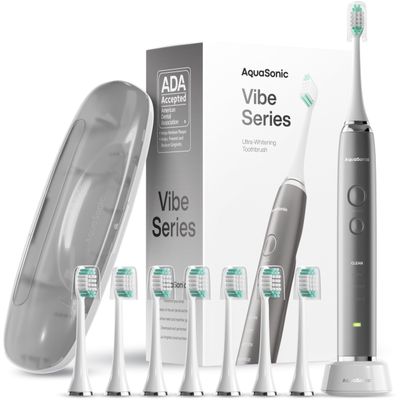 Aquasonic Vibe Series Ultra Whitening Toothbrush ADA Accepted Electric Toothbrush - 8 Brush Heads & Travel Case - Ultra Sonic Motor & Wireless Charging - 4 Modes w Smart Timer Charcoal Metallic