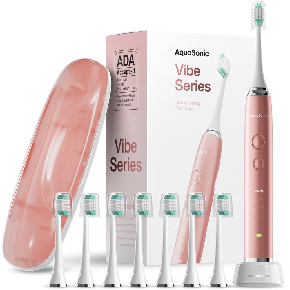 Aquasonic Vibe Series Ultra Whitening Toothbrush ADA Accepted Electric Toothbrush - 8 Brush Heads & Travel Case - Ultra Sonic Motor & Wireless Charging - 4 Modes w Smart Timer Satin Rose Gold