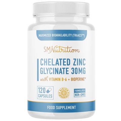 Chelated Zinc Supplements - Zinc Glycinate 30 mg (120 Capsules) Highly-Absorbable TRAACS Chelated with Vitamin B6 & BioPerine - Immune & Skin Health Support - Non-GMO, Gluten-Free - 4 Month Supply
