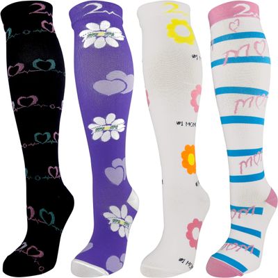 4 Pair Small/Medium Extra Soft Premium Quality Colorful Moderate Graduated Compression Socks 15-20 mmHg. Nurses, Running, Travel, Knee-High, Mens & Womens Comfort Blend. Celebrate Mum Designs