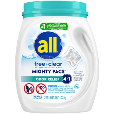 All Mighty Pacs Laundry Detergent, Free Clear Odor Relief, Tub, 56 Count