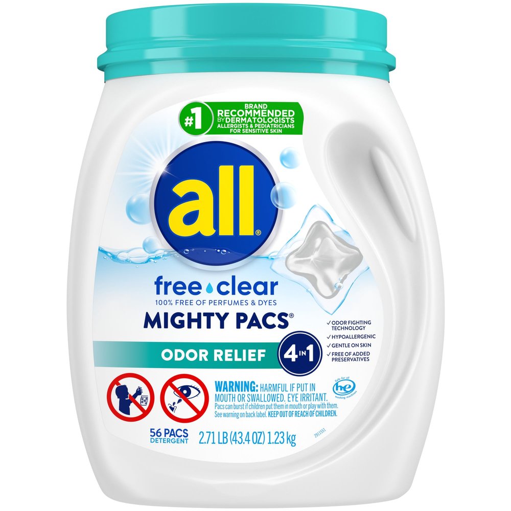 All Mighty Pacs Laundry Detergent, Free Clear Odor Relief, Tub, 56 Count