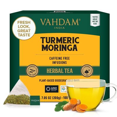 VAHDAM, Turmeric Moringa Tea Bags (100 Herbal Tea Bags) Caffeine Free, Non GMO, Gluten Free | 100% Pure Herbal Blend - Sweet & Earthy | Resealable Ziplock Pouch