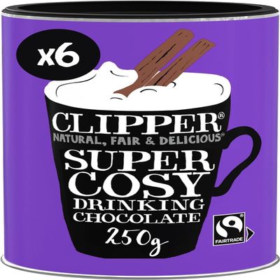 Clipper Super Cosy Drinking Chocolate | 1.5kg Luxury Instant Hot Chocolate Powder | Bulk Buy (6x 250g Tubs) for Home & Office | Eco-Conscious Fairtrade Add Water Hot Chocolate | Hot Drinking Chocolate