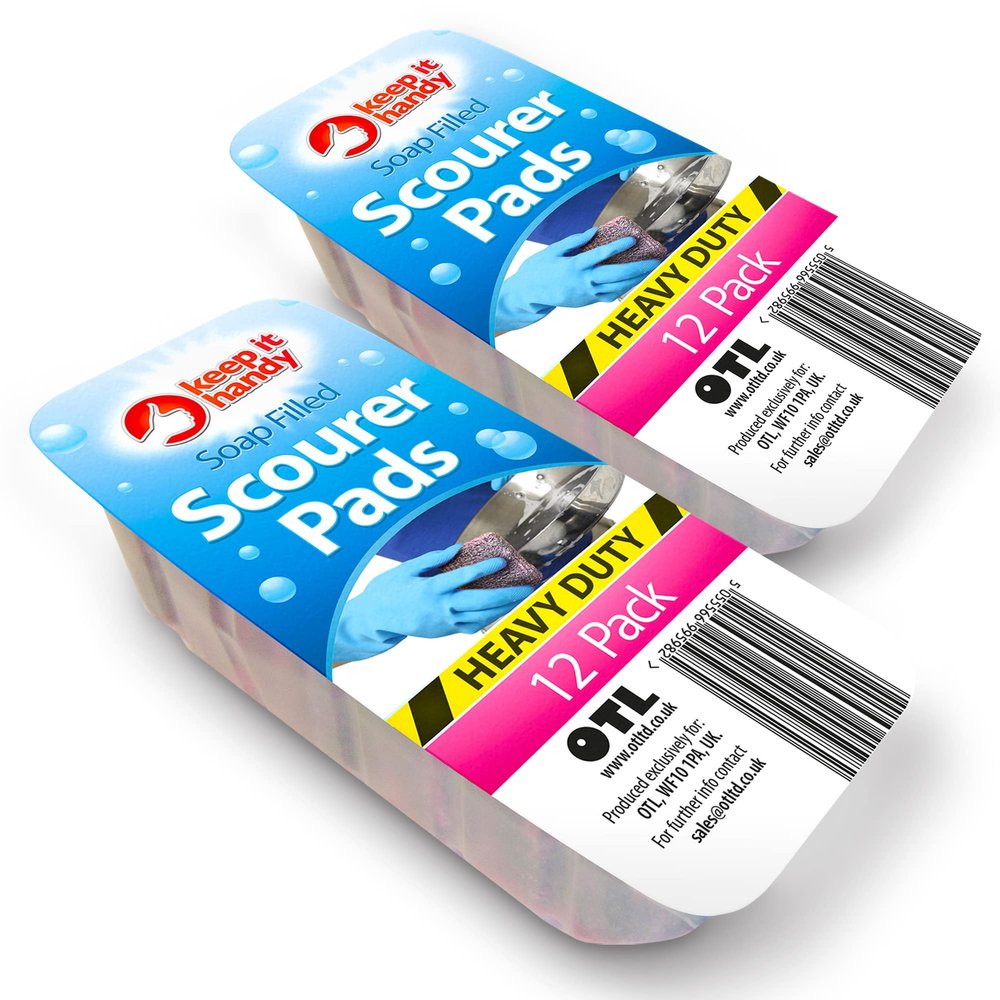 24pk Soap Filled Scourer Pads | 2 x 12pk Stain and Grease-Cutting Pad with Soap | Durable and Long Lasting Scourer Pads for Tough Food Stain Cleaning