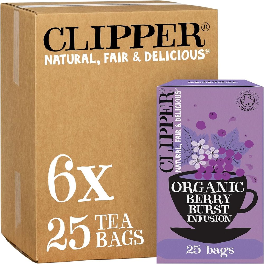 Clipper Organic Berry Burst Tea Bags | 150 Infusion Blackcurrant & Mix Fruit Teabag Sachets (6x Boxes of 25) | Bulk Buy, Home & Catering | Caffeine-Free Herbal Tea | Natural, Unbleached, Biodegradable