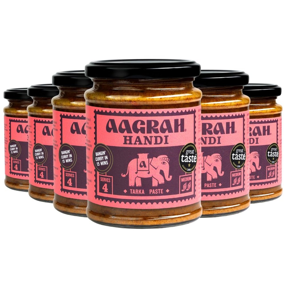 Aagrah Handi Tarka Indian Curry Cooking Sauce - Authentic Restaurant Recipe Base - Medium Heat - 270g Jar Serves 3-4 - Case of 6 Jars