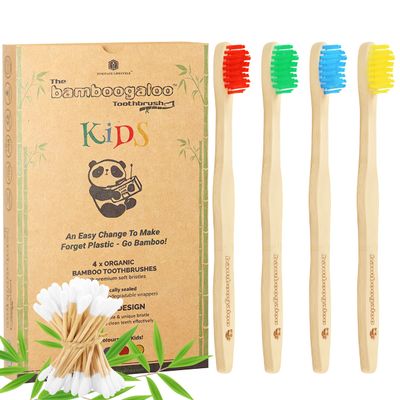 BAMBOOGALOO Kids Bamboo Toothbrush Set - 4 Pack Organic Rainbow Kids Toothbrushes & Ultra-Soft Cotton Swabs - Bamboo Wooden Toothbrush with Soft & Gentle BPA-Free Bristles - Plastic-Free Packaging