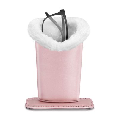 Fintie Plush Lined Eyeglasses Holder with Magnetic Base- Premium Vegan Leather Glasses Stand Case, Rose Gold, 5.51*3.94*3.54
