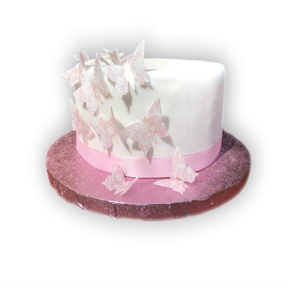 24 Precut Pale Pink Lace Pattern Edible Wafer Paper Butterfly Cake Toppers Decorations