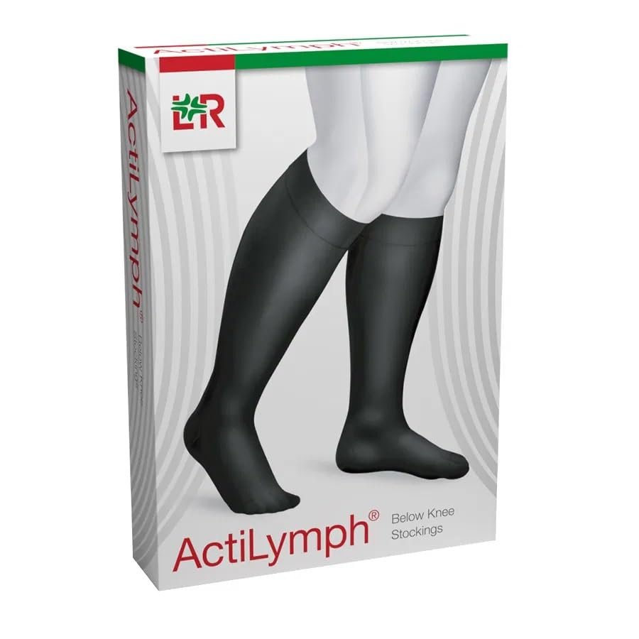 ActiLymph Class 1 Below Knee Open Toe Compression Stockings 18-21 mmHg (Black, Large)