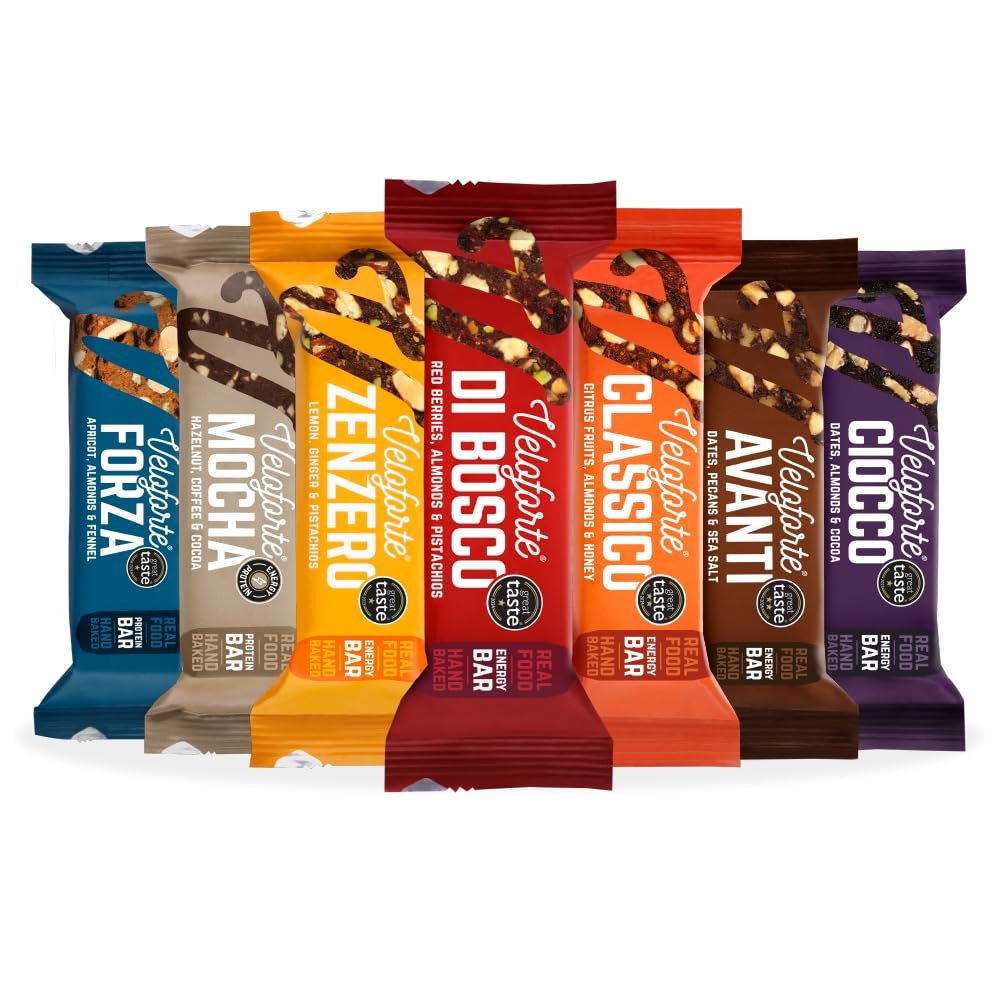 Veloforte Natural Energy Bars, 33g-36g Dual Source Carbs 7 Bar Mixed Flavour Pack, Gluten Free, Soft & Chewy for Cycling, Running, Marathons, Triathlons and Healthy Snacking, Great Taste Award Winning