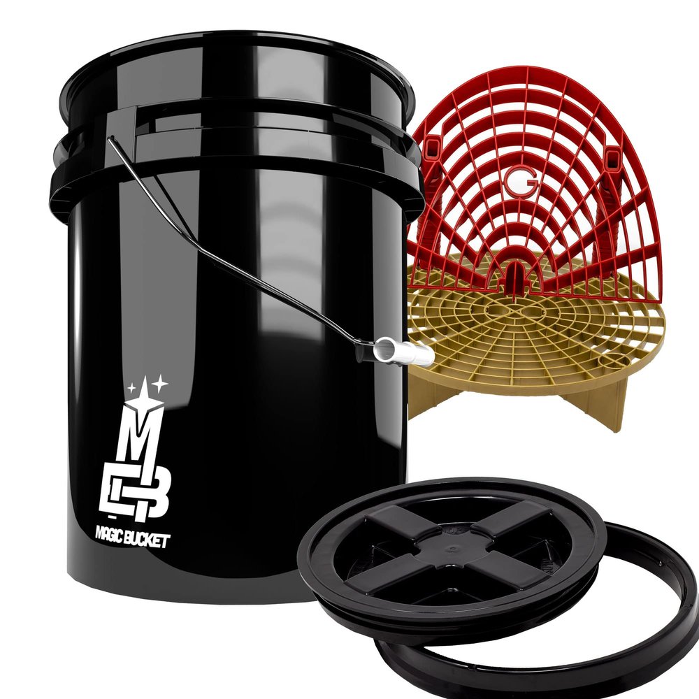 Detailmate GritGuard Professional Wash Bucket Set 5 GAL (Approx. 20 Litres) / Gamma Seal Bucket Lid / Insert / Washboard Gold + WB Red / Black
