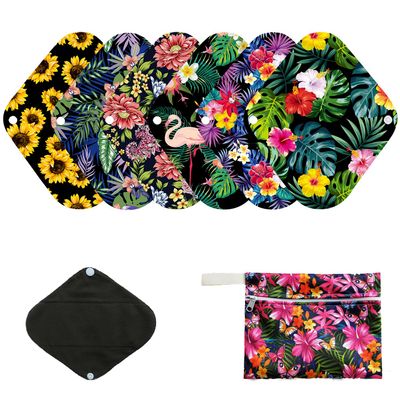 7pcs Pack Cloth Pads Including 1pc Mini Wet Bag +6pcs Bamboo Charcoal Cloth Reusable Menstrual Pads/Reusable Sanitary Pads/Mama Panty Liners (All Randomly Prints)