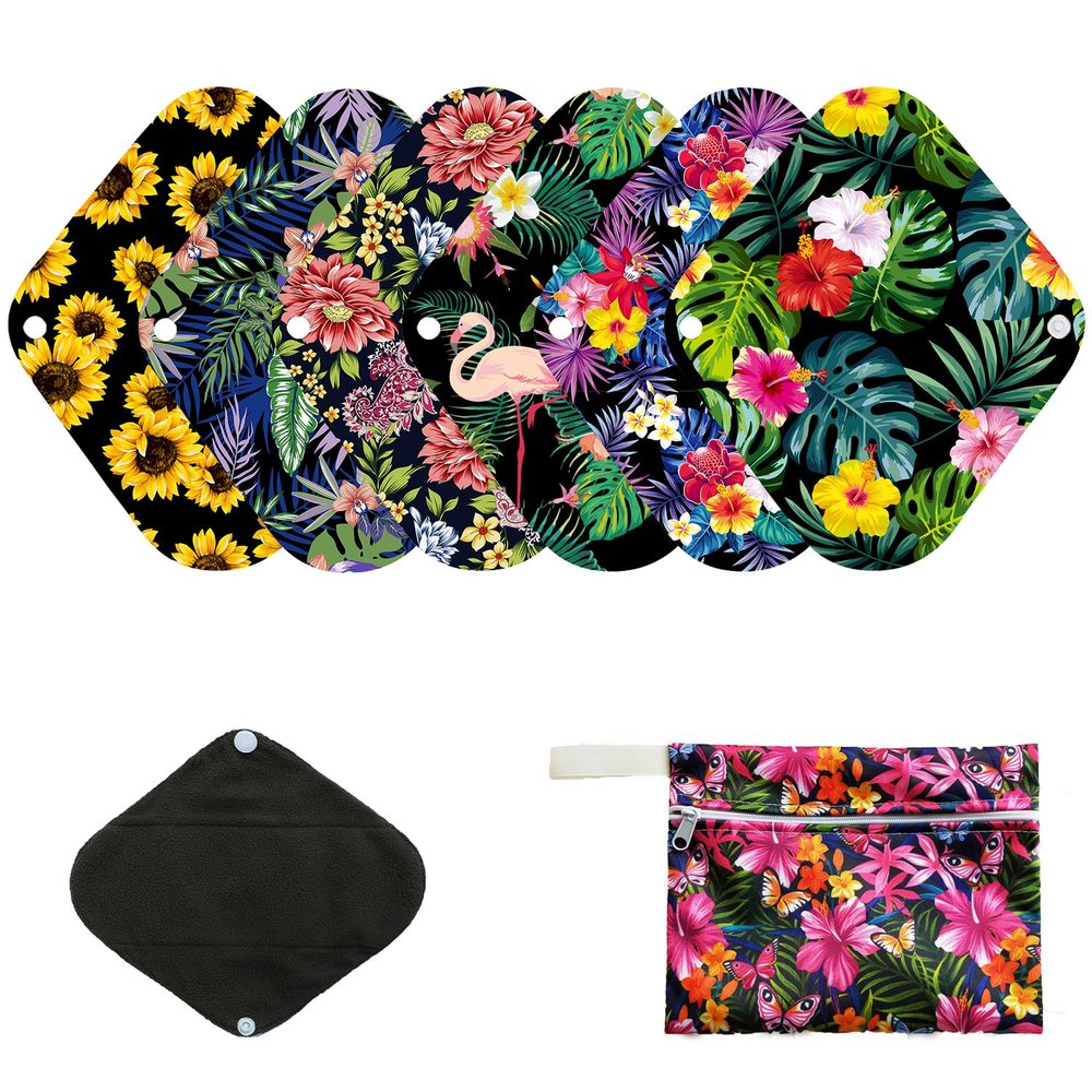 7pcs Pack Cloth Pads Including 1pc Mini Wet Bag +6pcs Bamboo Charcoal Cloth Reusable Menstrual Pads/Reusable Sanitary Pads/Mama Panty Liners (All Randomly Prints)