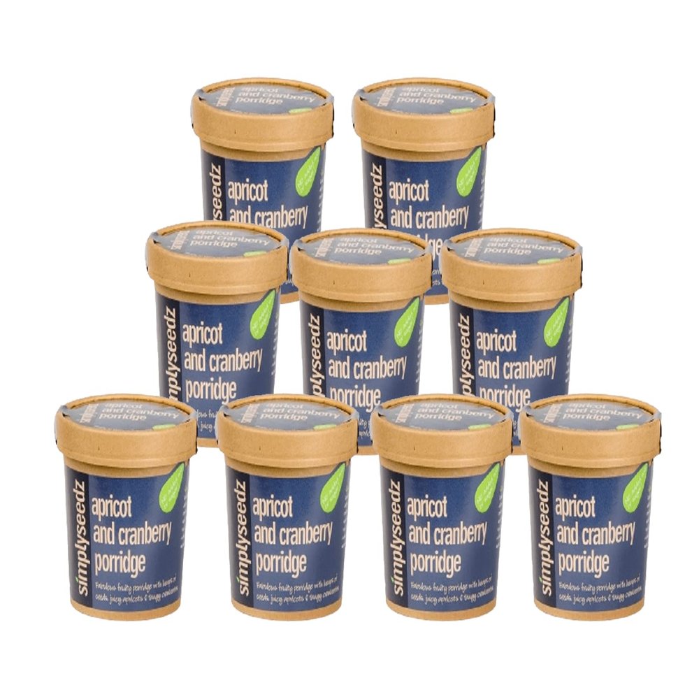 Simplyseedz Jumbo Oats Porridge Pot Apricot & Cranberry. Low sugar. Plant based, Fibre rich with pumpkin & sunflower seeds. Convenient On the Go Instant Oats 9 pack of 60g Pots