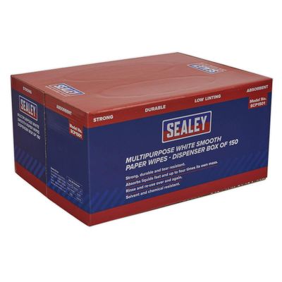 Sealey SCP1501 73gsm Multipurpose Paper Wipes in Dispenser Box - Smooth White - 150 Sheets