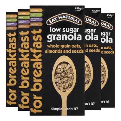 Eat Natural Low Sugar Granola with Wholegrain Oats, Almonds & Seeds Protein Cereal 450g, Pack of 5 High Fibre Oats, Crunchy Buckwheat, Coconut & Coconut Blossom Nectar Vegan Breakfast Granola