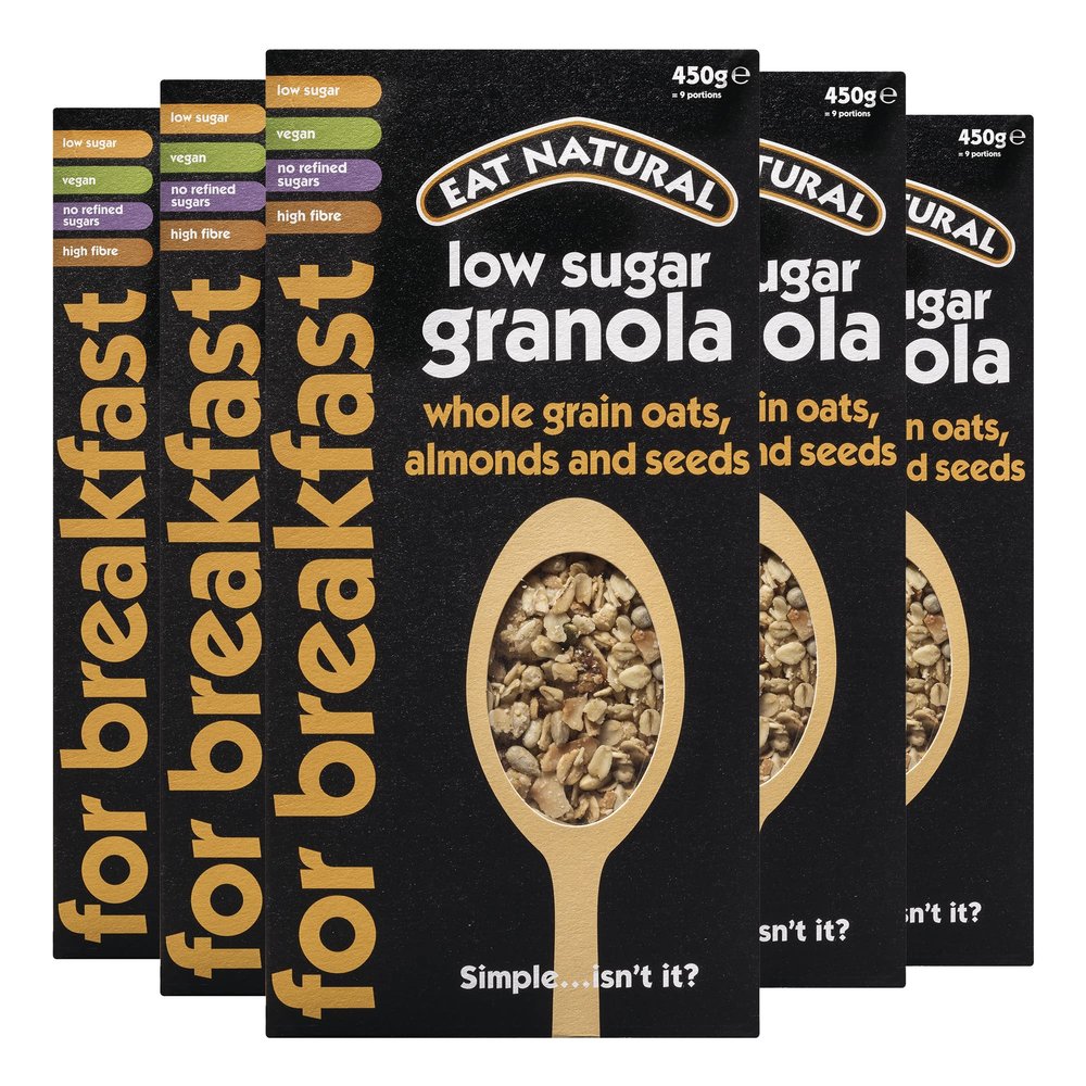 Eat Natural Low Sugar Granola with Wholegrain Oats, Almonds & Seeds Protein Cereal 450g, Pack of 5 High Fibre Oats, Crunchy Buckwheat, Coconut & Coconut Blossom Nectar Vegan Breakfast Granola