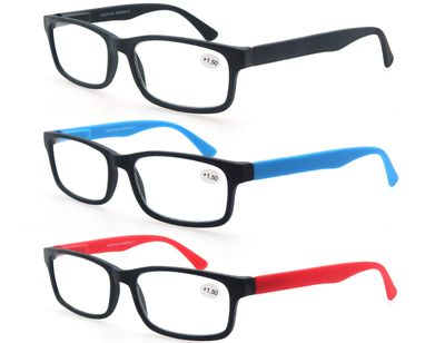 MODFANS Reading Glasses 1.25 Men Women 3 Pack,Rectangular Clear Lens Comfort Spring Hinge Eyeglasses,Stylish Lightweight Plastic Readers with Pouch Black-Blue-Red