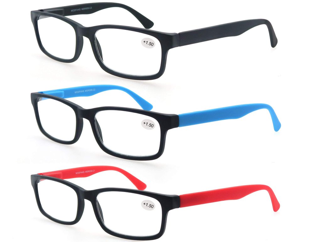 MODFANS Reading Glasses 1.25 Men Women 3 Pack,Rectangular Clear Lens Comfort Spring Hinge Eyeglasses,Stylish Lightweight Plastic Readers with Pouch Black-Blue-Red
