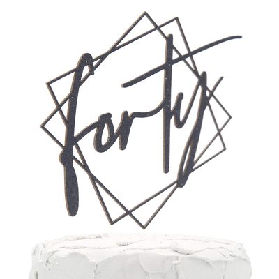 NANASUKO 40th Birthday Cake Topper - forty - with Modern Geometric Frame - Double Sided Black Glitter - Premium Quality Made in USA - Black Glitter