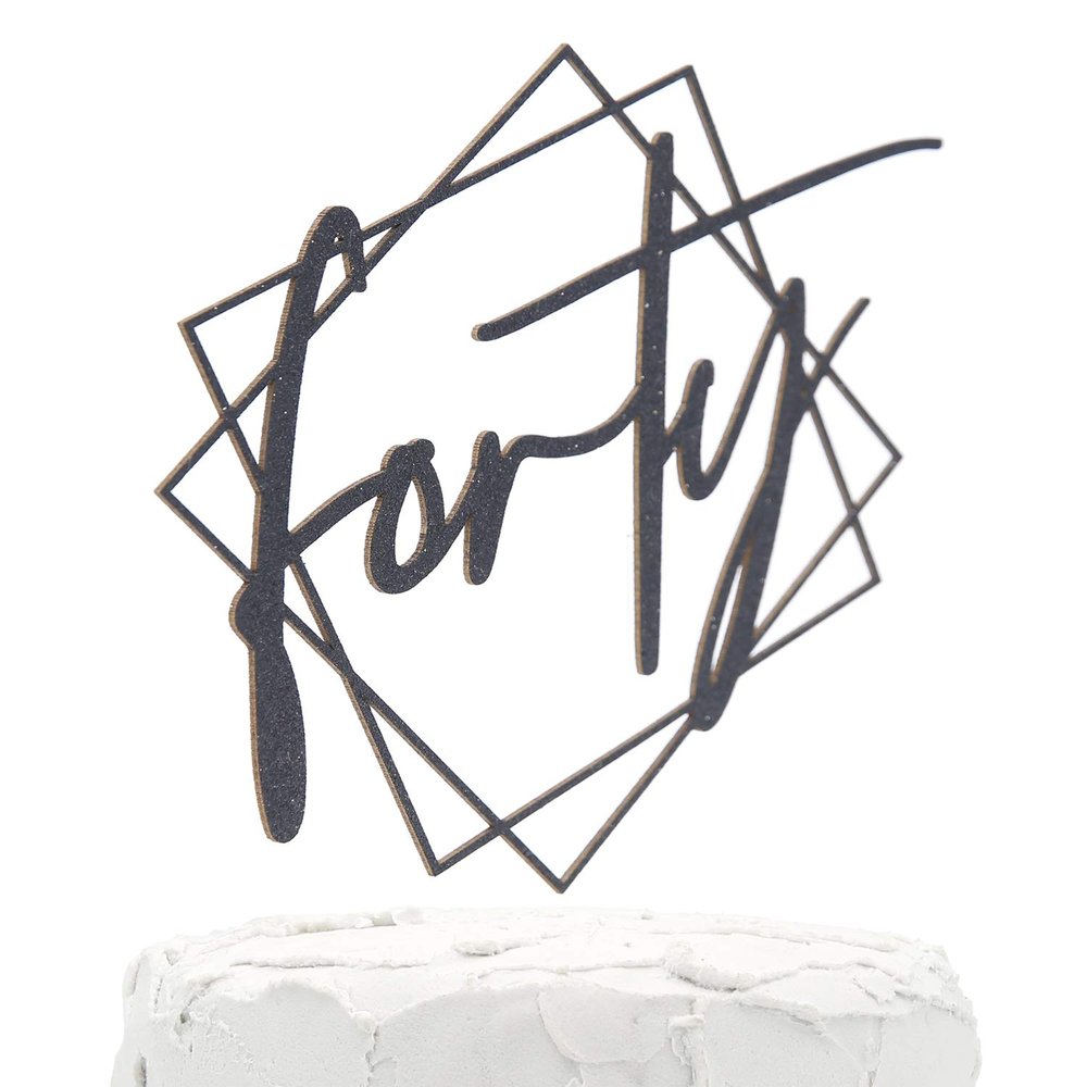 NANASUKO 40th Birthday Cake Topper - forty - with Modern Geometric Frame - Double Sided Black Glitter - Premium Quality Made in USA - Black Glitter