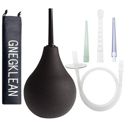 GNEGKLEAN Black Silicone Enema Bulb Kit 7.6oz Clean Douche for Men Women with 19.7in Hose+4 Replaceable Nozzle (Black)