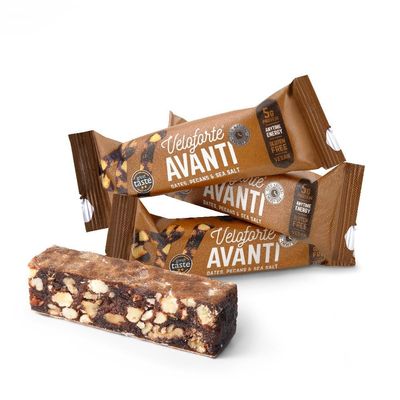 Veloforte Avanti Energy Bar For Running, Cycling, Triathlon | Optimally balanced carbs and protein for sports. Gut-friendly, high-fibre, vegan and gluten-free | Dates, Pecans & Sea Salt | 9-pack