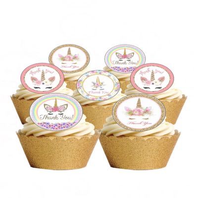 24 Pre Cut THANK YOU Unicorn Flower Edible Wafer Paper Round Cake Toppers Decorations