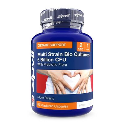 Zipvit Bio Cultures 6 Billion CFU with Prebiotic, Includes Lactobacillus & Bifidobacterium, 5 Live Strains, 60 Vegetarian Capsules, 2 Months Supply