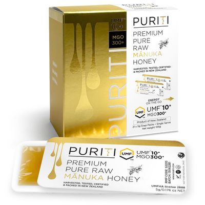 PURITI Genuine Raw Manuka Honey Snaps On The Go - UMF 10+ (MGO300+) 21 x 0.18oz Individual Snap Packets, Single Serve Honey Sticks for Tea, Travel & Snacks, Certified, Authentic Made in New Zealand